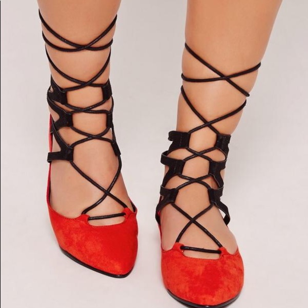 Red Ghille lace up pointed flat shoe